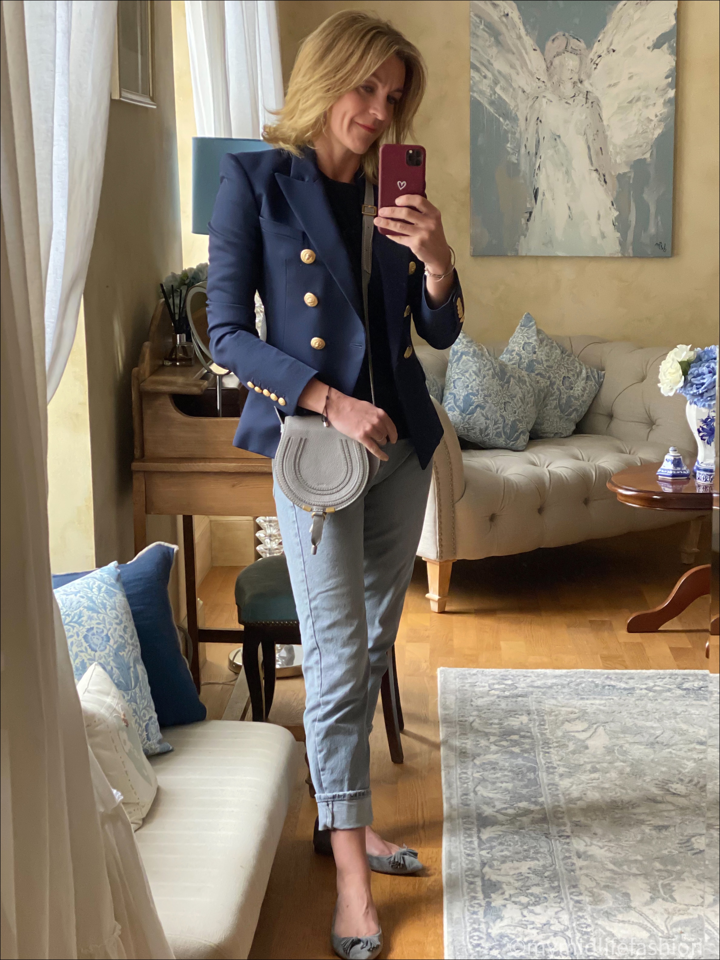 my midlife fashion, Balmain double breasted blazer, marks and Spencer pure cashmere crew neck jumper, Chloe cross body bag, Zara straight leg jeans, j crew suede tassel ballet flats