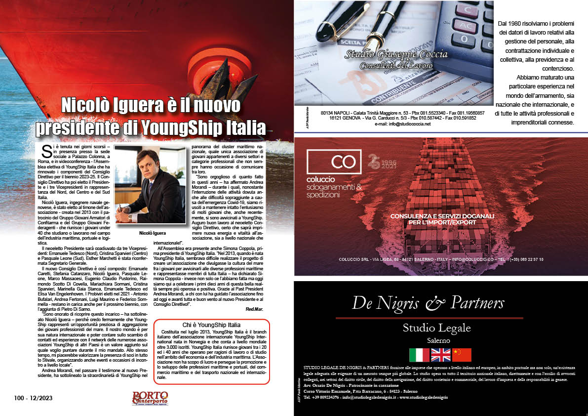 DICEMBRE 2023 PAG. 100 -  Nicolò Iguera è il nuovo presidente di YoungShip Italia