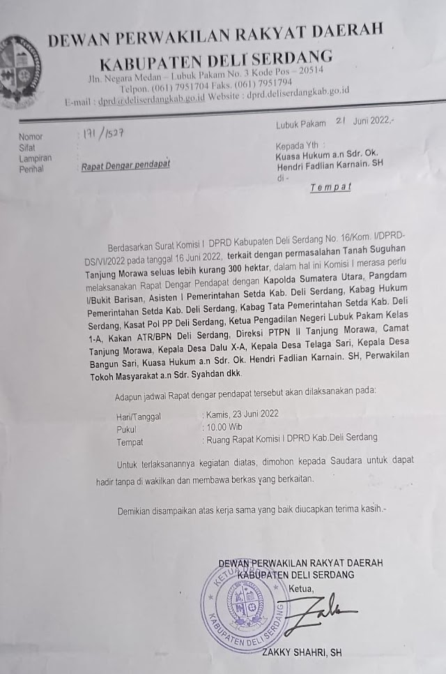 TERKAIT TANAH SUGUHAN, DPRD DELI SERDANG AKAN ADAKAN RDP 