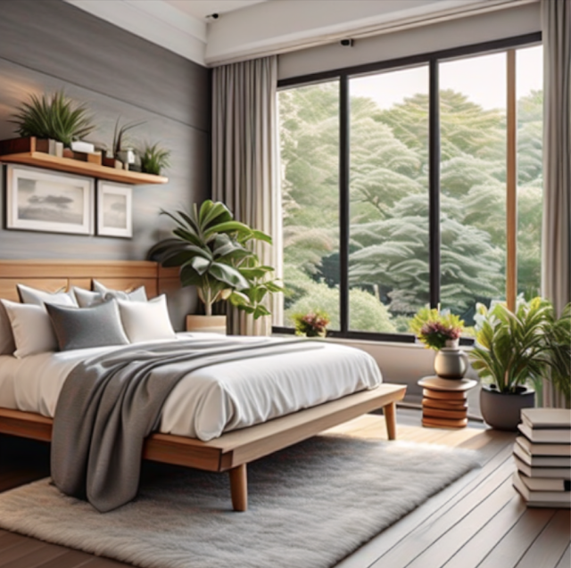 Modern home design in A cozy bedroom with gray walls, white bedding, a wooden platform bed