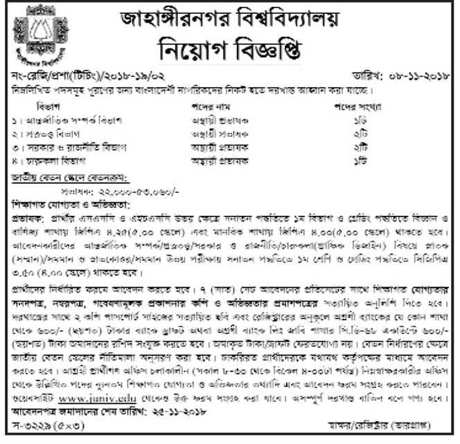 Jahangirnagar University (JU) Job Circular 2018