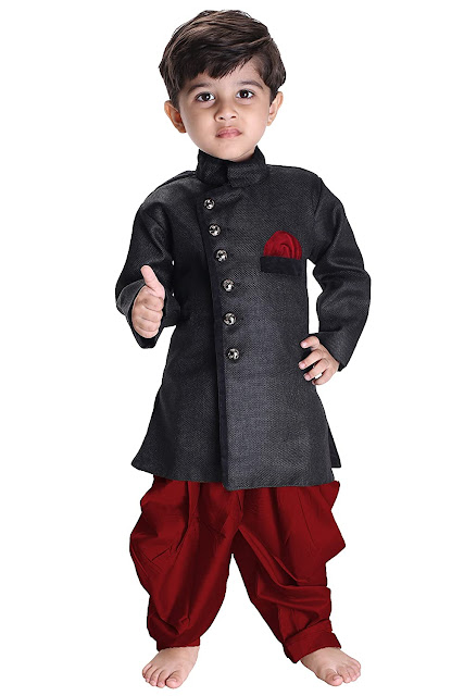 JBN Creation Boys' Black Cotton Blend Sherwani Style Kurta Set(VASBSW120)