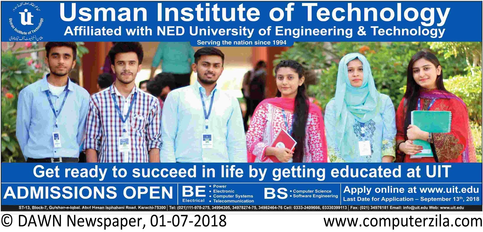 Usman Institute of Technology Admissions Fall 2018