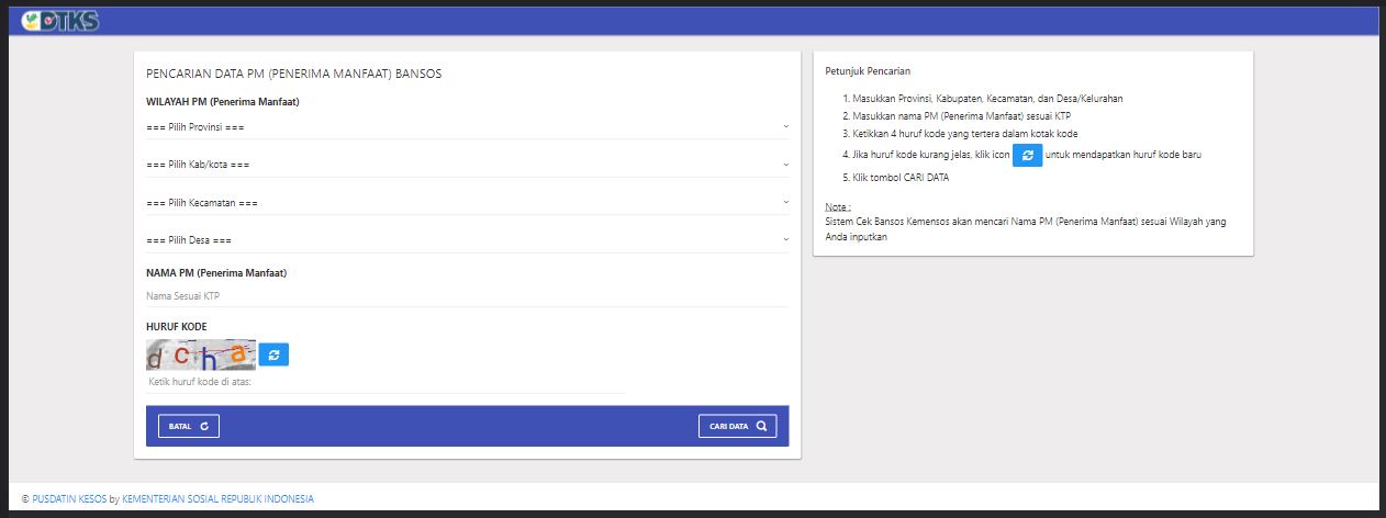 cara pencarian penerima manfaat bansos di dtks kemensos