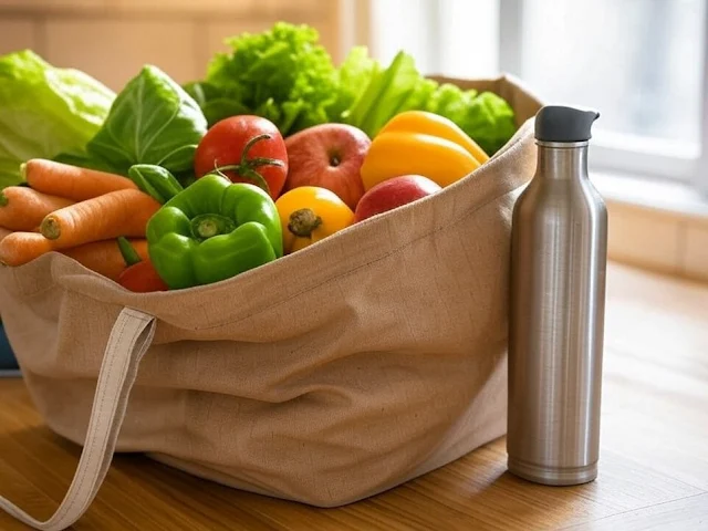 A reusable shopping bag filled with fresh produce, placed next to a stainless steel water bottle