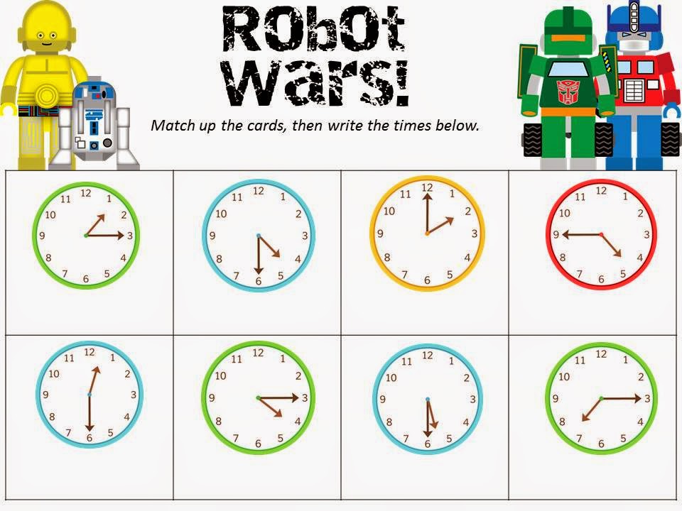 http://www.teacherspayteachers.com/Product/Robot-Wars-A-Time-Matching-Game-1194962