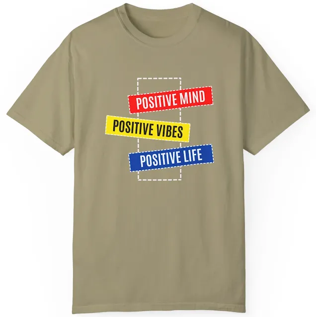 Comfort Colors Motivational T-Shirt for Men and Women With Colorful Blocks Containing Words Positive Mind, Positive Vibes, and Positive Life