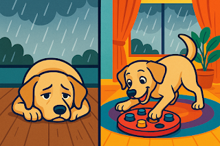 Before and after enrichment for dog rainy season blues