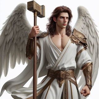 El Arcángel Raguel esta parado, sus alas están extendidas, viste una túnica blanca con detalles en oro, su cabello es largo, castaño, en una mano derecha porta un martillo de oro con un largo mango.