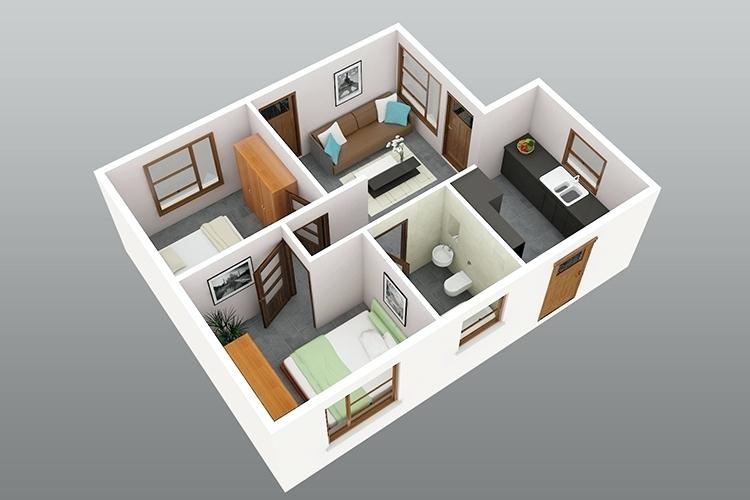 Desain 3D Denah Rumah Minimalis 2 Kamar Tidur Terbaru 2022 