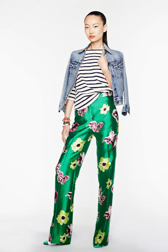 J.Crew look stripes paired with green silk floral trousers