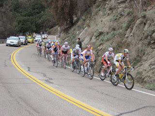 The Gruppetto with Mark Cavendish in the Green Sprinter's Jersey near the rear of the pack.