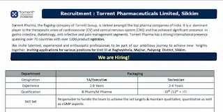Torrent Pharmaceuticals Limited Job Openings for 10th, 12th, ITI and Graduates Candidates at Sikkim Plant