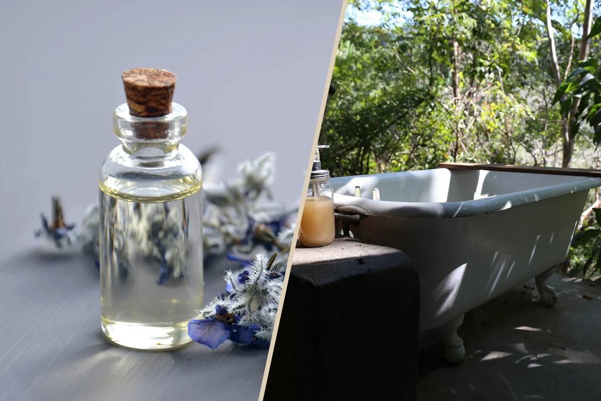 two images: essential oil bottle and a bathtub in the forest