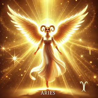 An angel standing in a radiant sunbeam, symbolizing Aries’ ability to shine their light, embrace optimism, and create success
