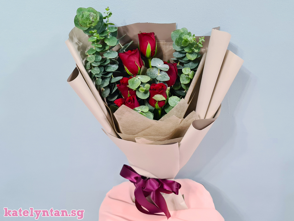 Rose and Eucalyptus flower bouquet from Little Flower Hut Singapore florist that is experienced and reputable