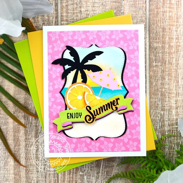 Sunny Studio Stamps: Limitless Label Die Focused Summer Card by Cathy Chapdelaine (featuring Brilliant Banner Dies, Fresh Lemon Dies, Summer Jar Mug Dies, Tropical Trees Backdrop Dies, Stitched Rectangles Dies)