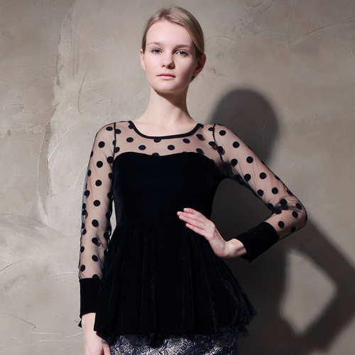 Velvet Peplum Top with Sheer Polkadot Sleeves