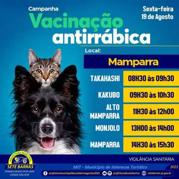 Vacinação Antirrábica no dia 19 de Agosto será no bairro Mamparra