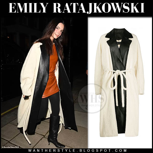 Emily Ratajkowski in cream robe coat and black boots