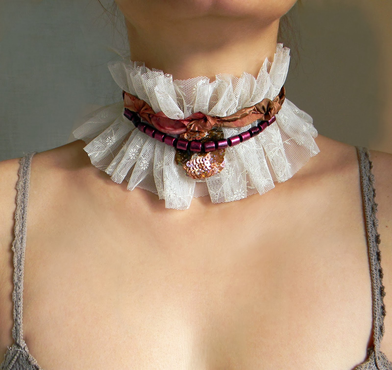 Romantic Frilly Choker, Ruffled Textile Collar or Neck Corset with Tulle, Beads and Embroidered Sequins Applique