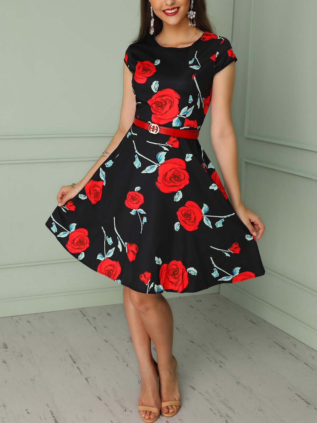 Rose Print Short Sleeve Pleated A-Line Belted Dress