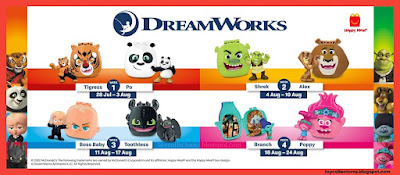 McDonalds Dreamworks Toys 2022 Singapore Set of 8 toys including Tigress, Po, Shrek, Alex, Boss Baby, Toothless, Branch, Poppy