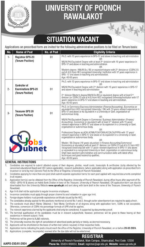 University Of Poonch Rawalakot Jobs 2024 Online Apply