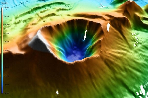 Ο κρατήρας του Κολούμπου βρίσκεται σήμερα 18 μέτρα κάτω από την επιφάνεια της θάλασσας (NOAA, Thera Expedition)
