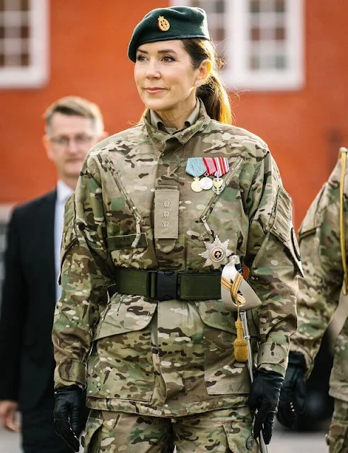 Crown Princess Mary wore a polka-dot silk midi shirt dress by Carolina Herrera. Princess Mary was appointed Major a la suite