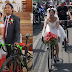 Happy couple ride their bicycle going to church wedding together with friends are people most loved