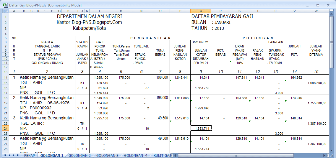 Cara Menghitung Gaji Pegawai Negeri Menggunakan Excel 