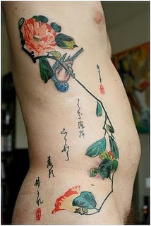 real color bird and flower tattoos