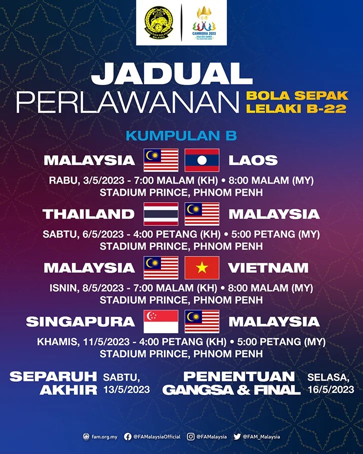 Jadual Dan Keputusan Siaran Lansung Bola Sepak Sukan SEA 2023 Waktu Malaysia