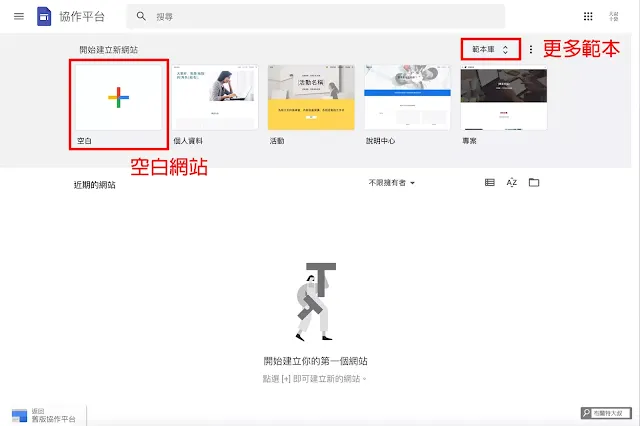 用 Google Sites 協作平台速成網站 - 利用「空白網站」或「範本褲」來開始網站設計