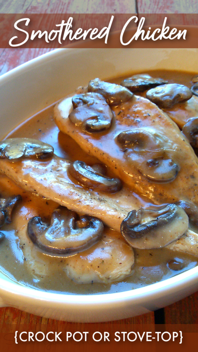 Crock Pot Smothered Chicken with Mushroom Gravy - A simple recipe for chicken and mushrooms in an easy scratch-made gravy (no canned soups!) slow-cooked in the crock pot or right on the stove.