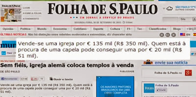Notícia da Folha de São Paulo sobre êxodo religioso na Alemanha e venda de templos por falta de fiéis