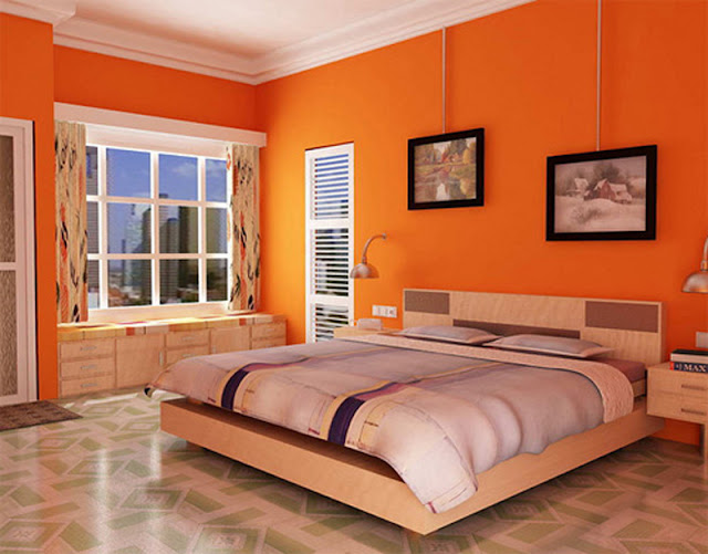 Спальня с оранжевыми стенами
