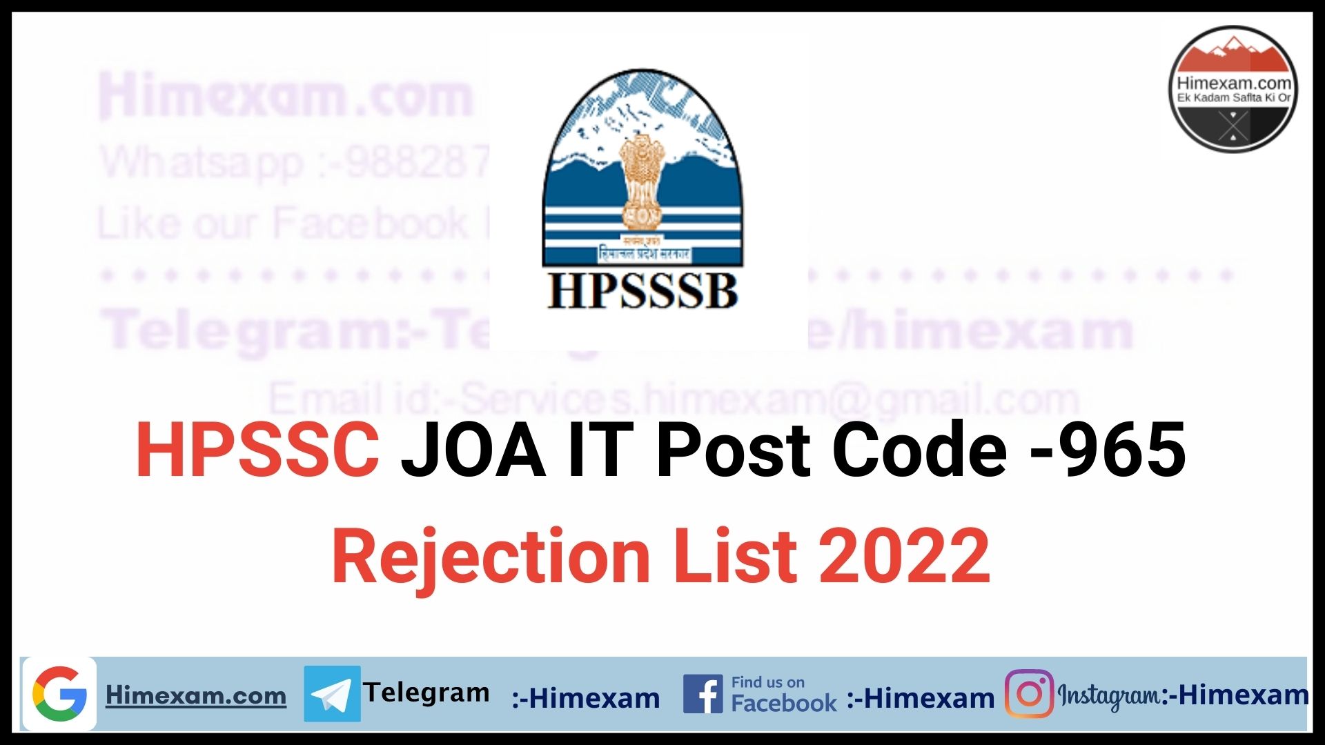 HPSSC JOA IT Post Code -965 Rejection List 2022