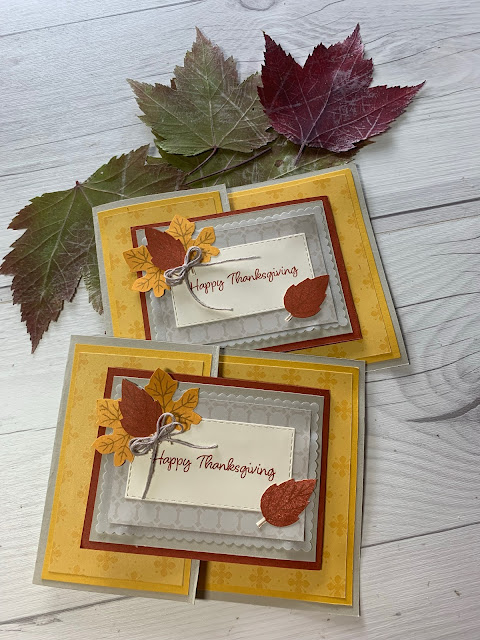 Two Thanksgiving Cards with leaves using stamps from the 2021 September Haunts & Harvest Paper Pumpkin Kit