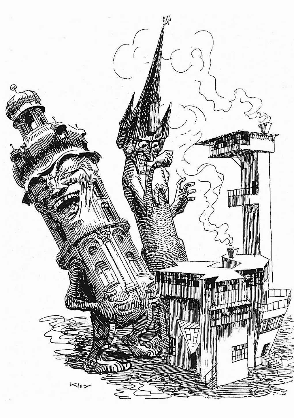 a Heinrich Kley 1928 illustration of traditional architecture rediculing new architecture