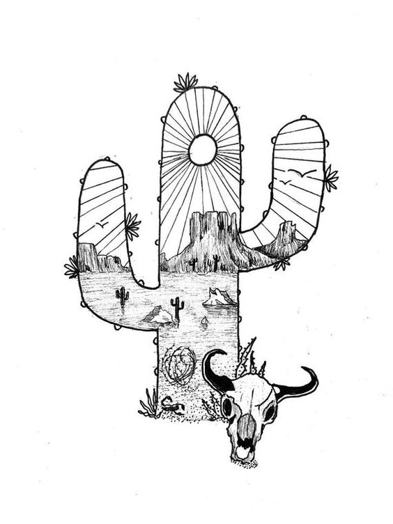 Cactus-in-Monument-Valley-with-Animal-Scull-Tattoo-Design