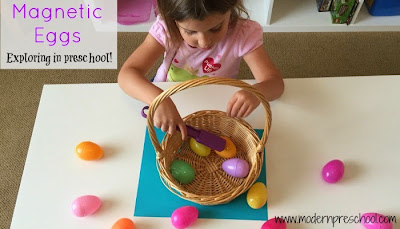 Preschool science exploring magnets in plastic eggs from Modern Preschool