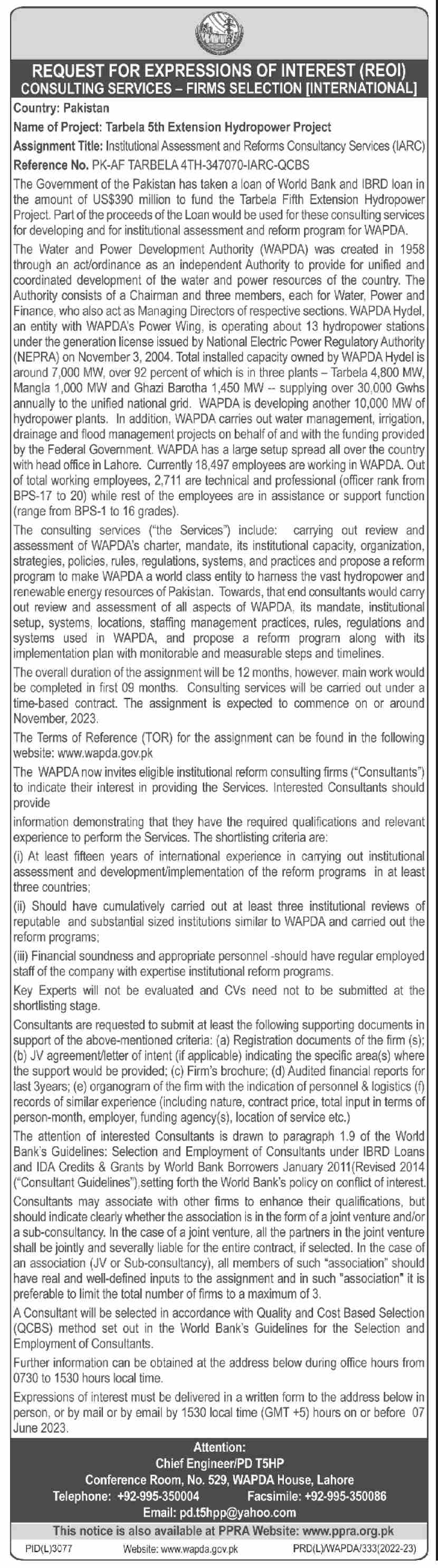 Water and Power Development Authority WAPDA Consultant Jobs In Lahore 2023