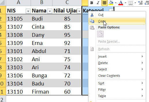 menggeser kolom copy dan paste