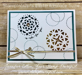 This card uses Stampin' Up!'s Eastern Palace Bundle (Eastern Beauty stamp set and Eastern Medallion Thinlits).  It's part of a FREE class mailed to your door you can earn in May 2017!  #stampinup #stamptherapist #handmadeby www.stamptherapist.com