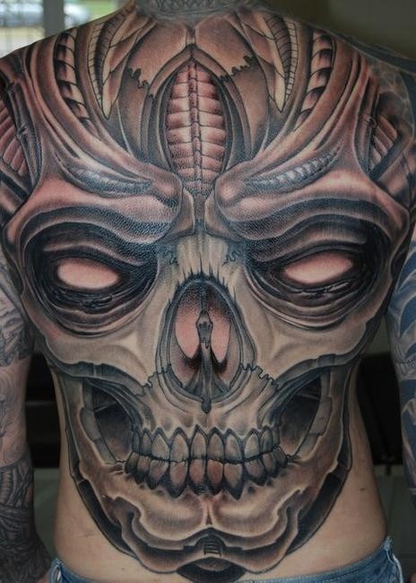 Spooky great skull tattoo on whole back