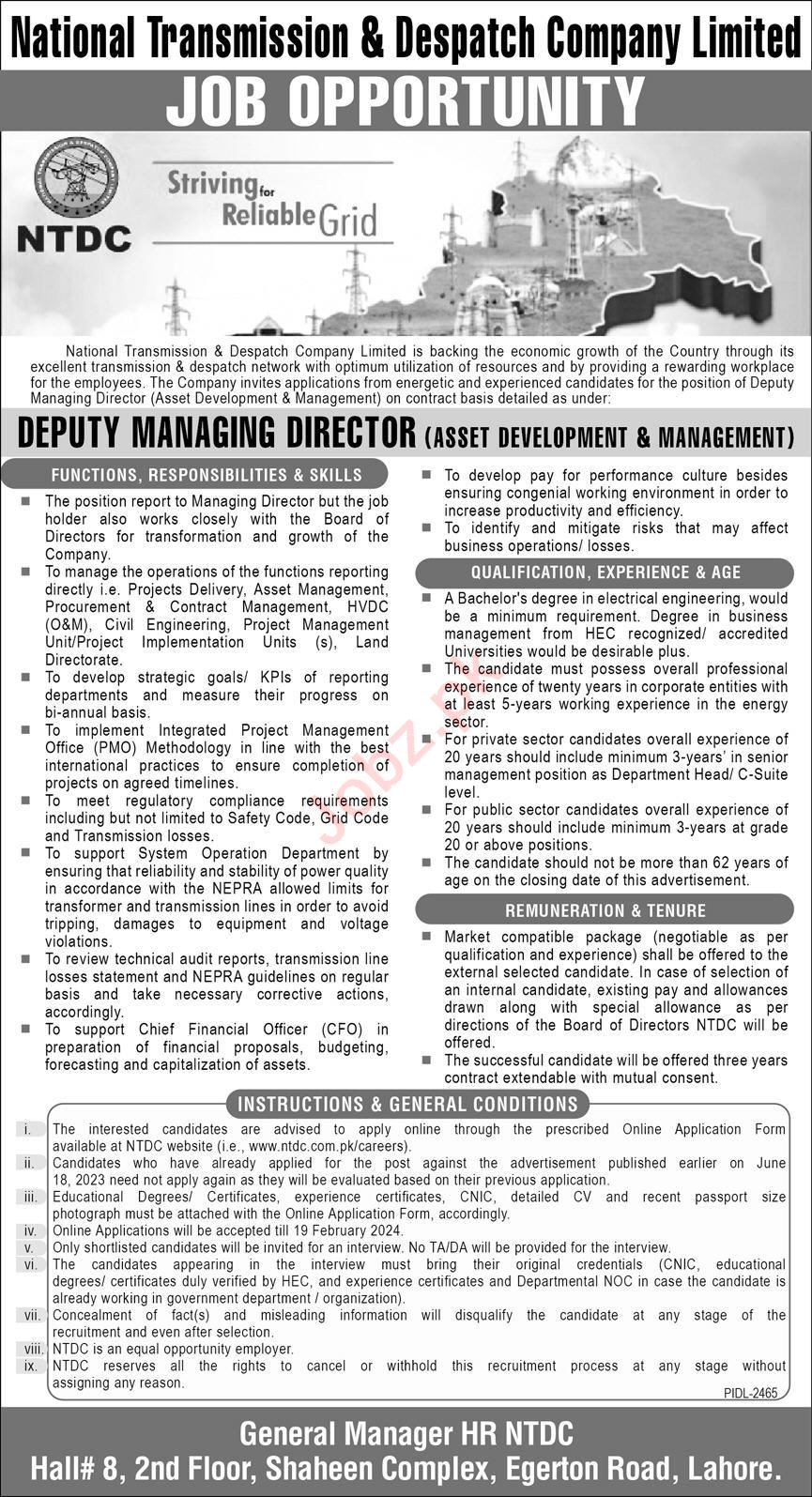 National Transmission & Despatch Company NTDC Management Jobs In Lahore 2024