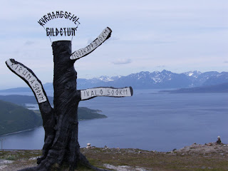 Nordkapp kilometre sign in northern Norway.