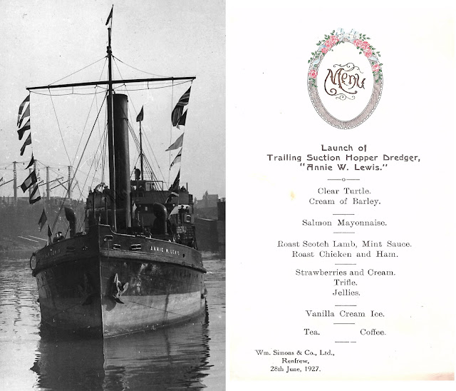 Black and white photograph of Annie. W Lewis trailing suction hopper dredger and menu from its launch in 1927